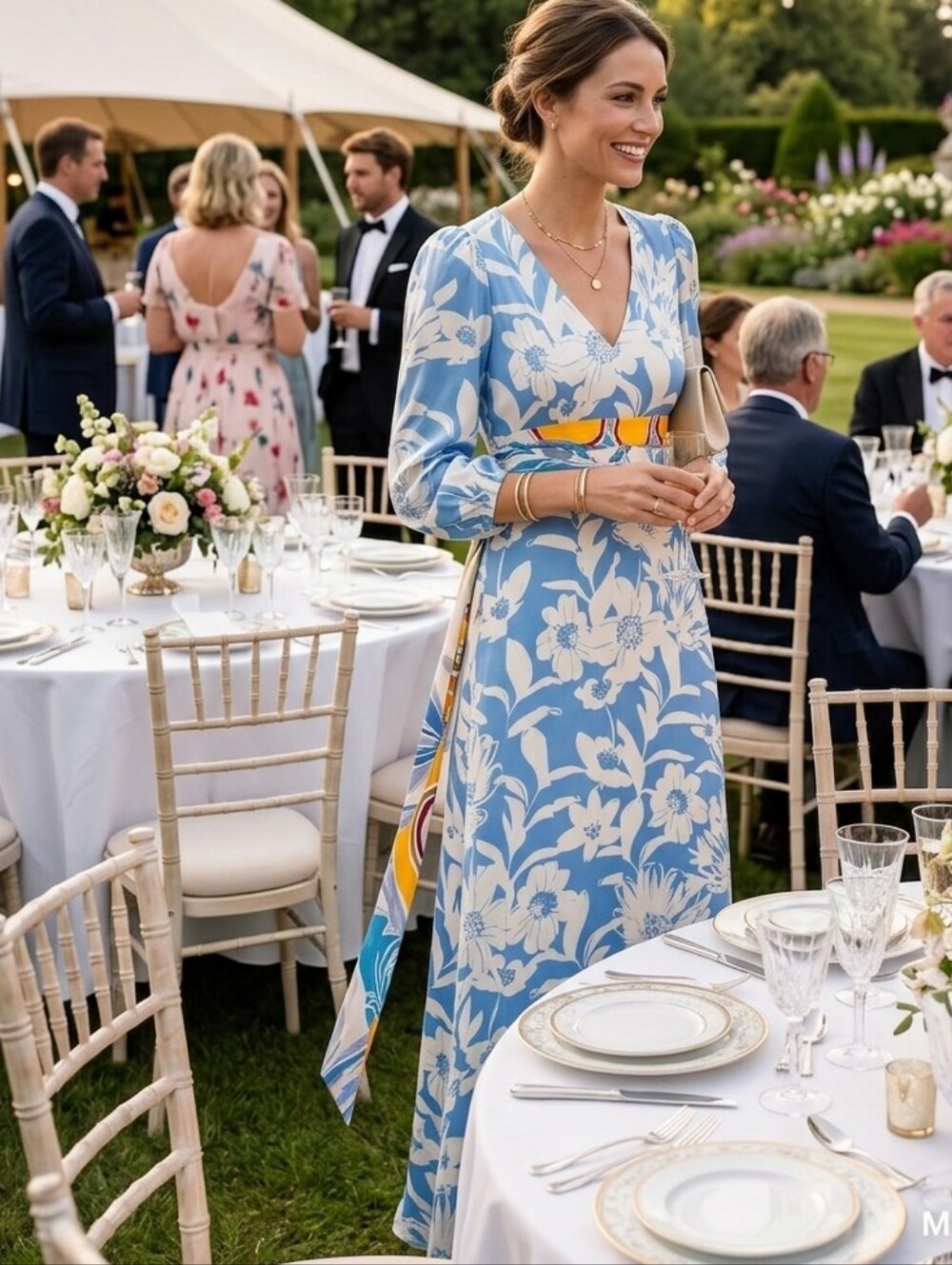 Maeve Light Blue and White Floral V-Neck Maxi Dress with Sash